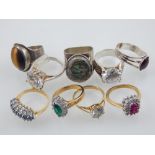 A quantity of costume rings, to include two silver and cubic zirconia cocktail rings, and various