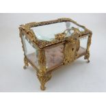 An early 20th century French gilt metal glass casket, the hinged slant front embossed with a dolphin