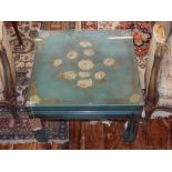 A Chinese style blue lacquer occasional table, the square top decorated with gilt and silver