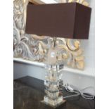 A Modern designer glass table lamp and shade, the square block column on chrome foot. H.