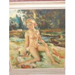 Early 20th century Continental school, Nude Study, seated beside a lake, oil on canvas, 60 x 50cm