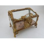 An early 20th century French gilt metal glass casket, the hinged slant front embossed with a dolphin