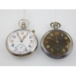 A chrome 1940s military issue keyless open face pocket watch, Swiss straight line lever, the white