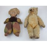 A Merrythought teddy bear, golden plush with articulated head and arms, tag stitched to right