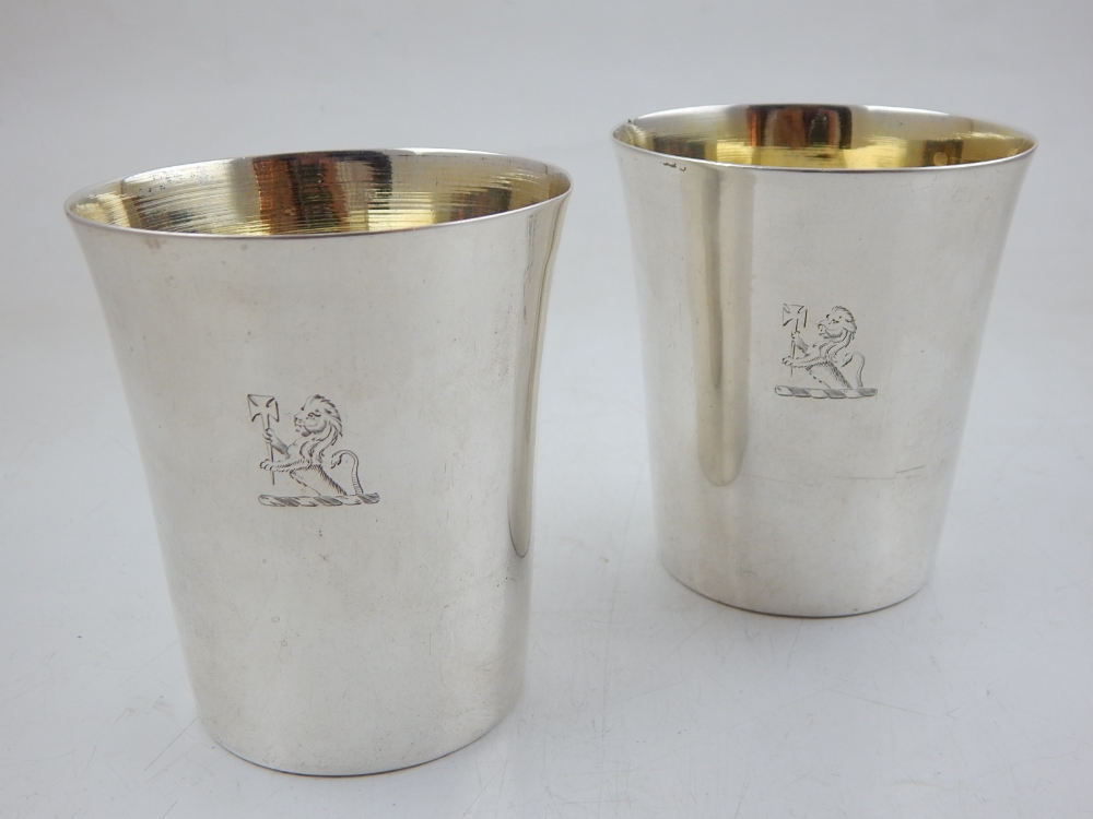 A pair of George III silver beakers, engraved armorials with gilt interiors, London 1766, by David - Image 3 of 6