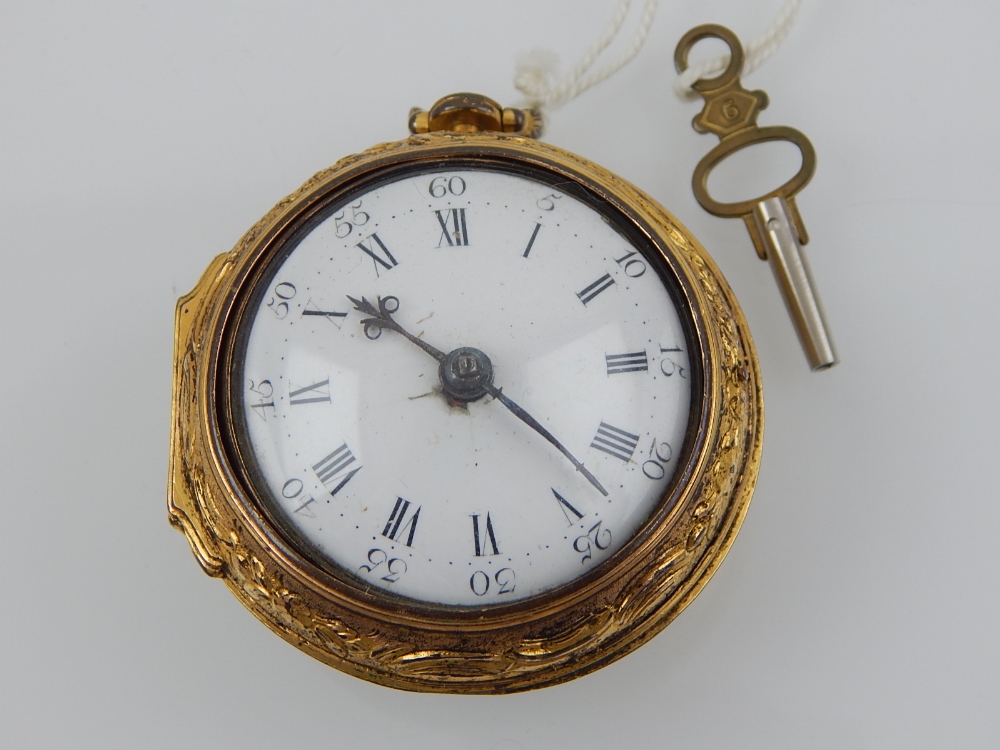 A 19th century gilt pair cased pocket watch, verge escapement, by Thos Potts, the white enamel