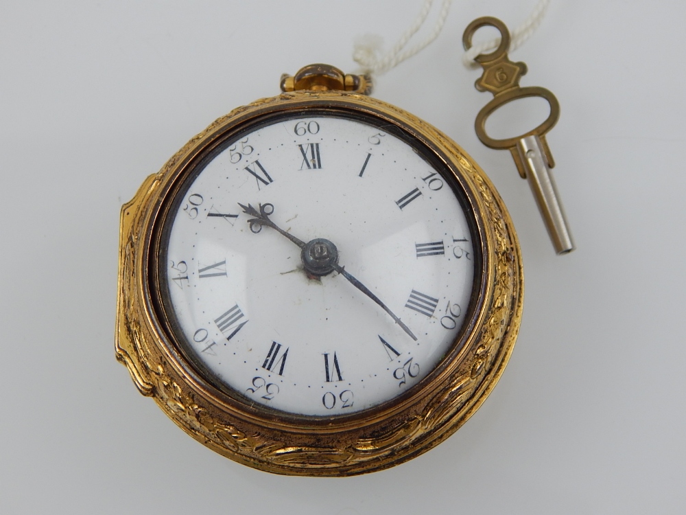 A 19th century gilt pair cased pocket watch, verge escapement, by Thos Potts, the white enamel - Image 2 of 6