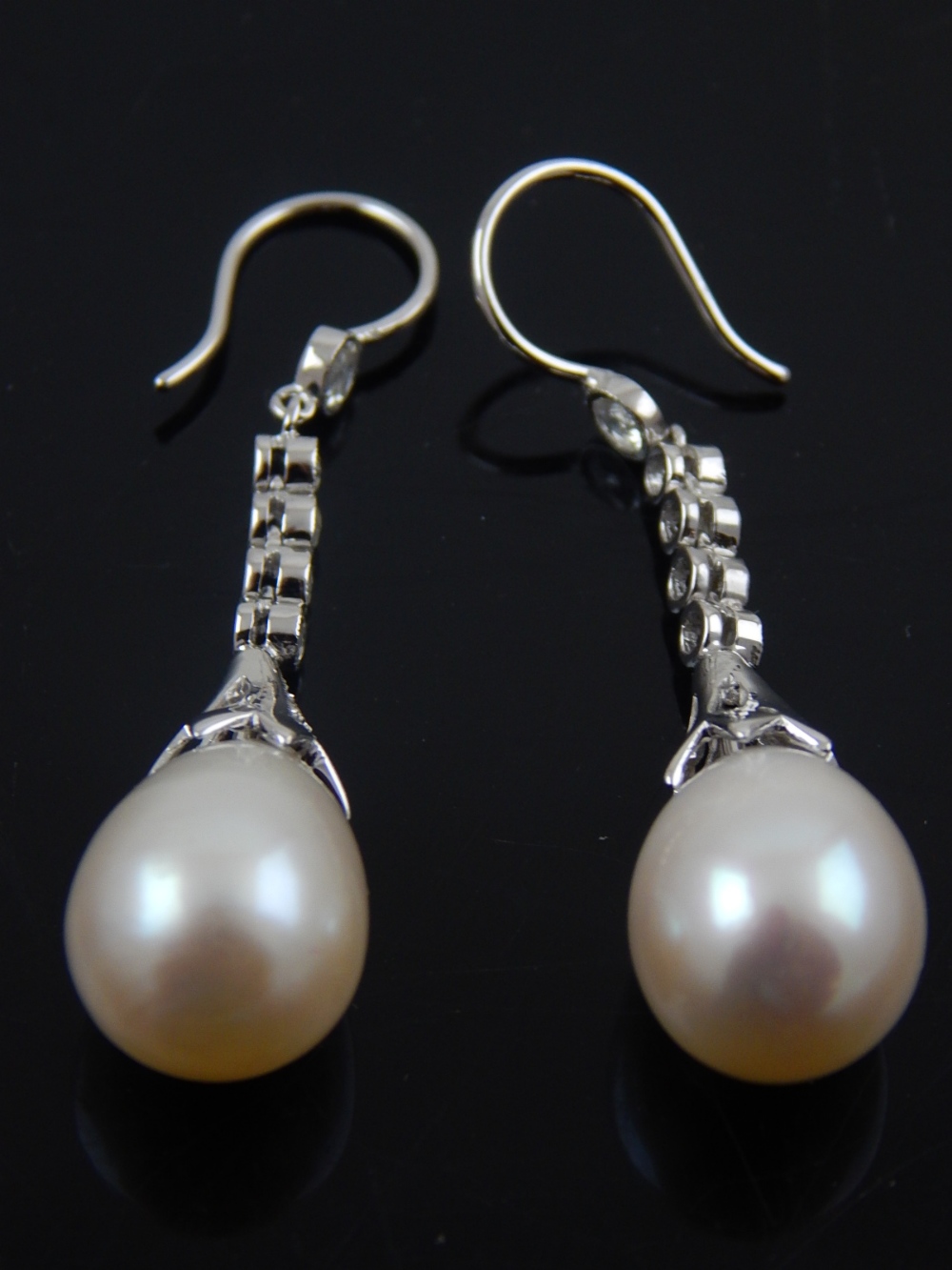 A pair of white gold, diamond, and pearl drop earrings. - Image 2 of 4