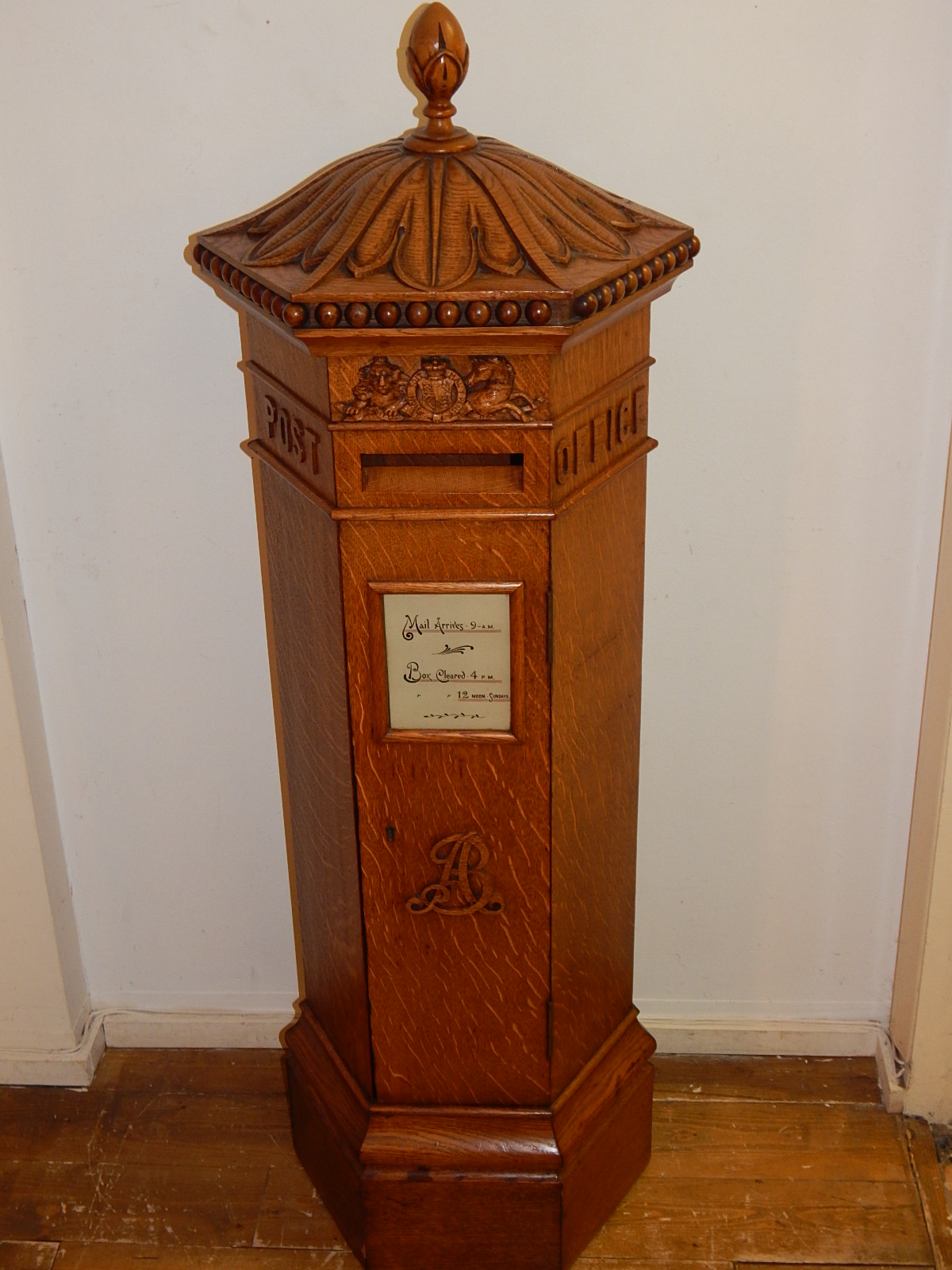 A late Victorian Irish penfold pattern oak internal postbox by Strahan & Co, Henry St. Dublin, of