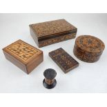 Five pieces of Victorian Tunbridge ware comprising two rectangular boxes, card case,