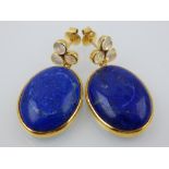 A pair of yellow gold oval lapis and moonstone drop earrings