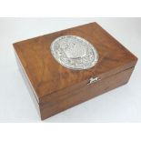 A Royal George V cigar cigarette case, the top and inside lid set with silver plaque, hallmarked