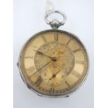 A white metal open face pocket watch,10 jewel movement, cylinder escapement, the floral engraved