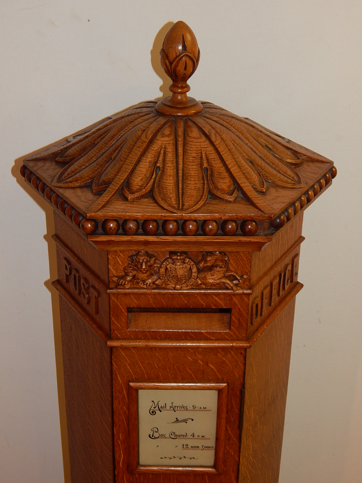 A late Victorian Irish penfold pattern oak internal postbox by Strahan & Co, Henry St. Dublin, of - Image 4 of 4