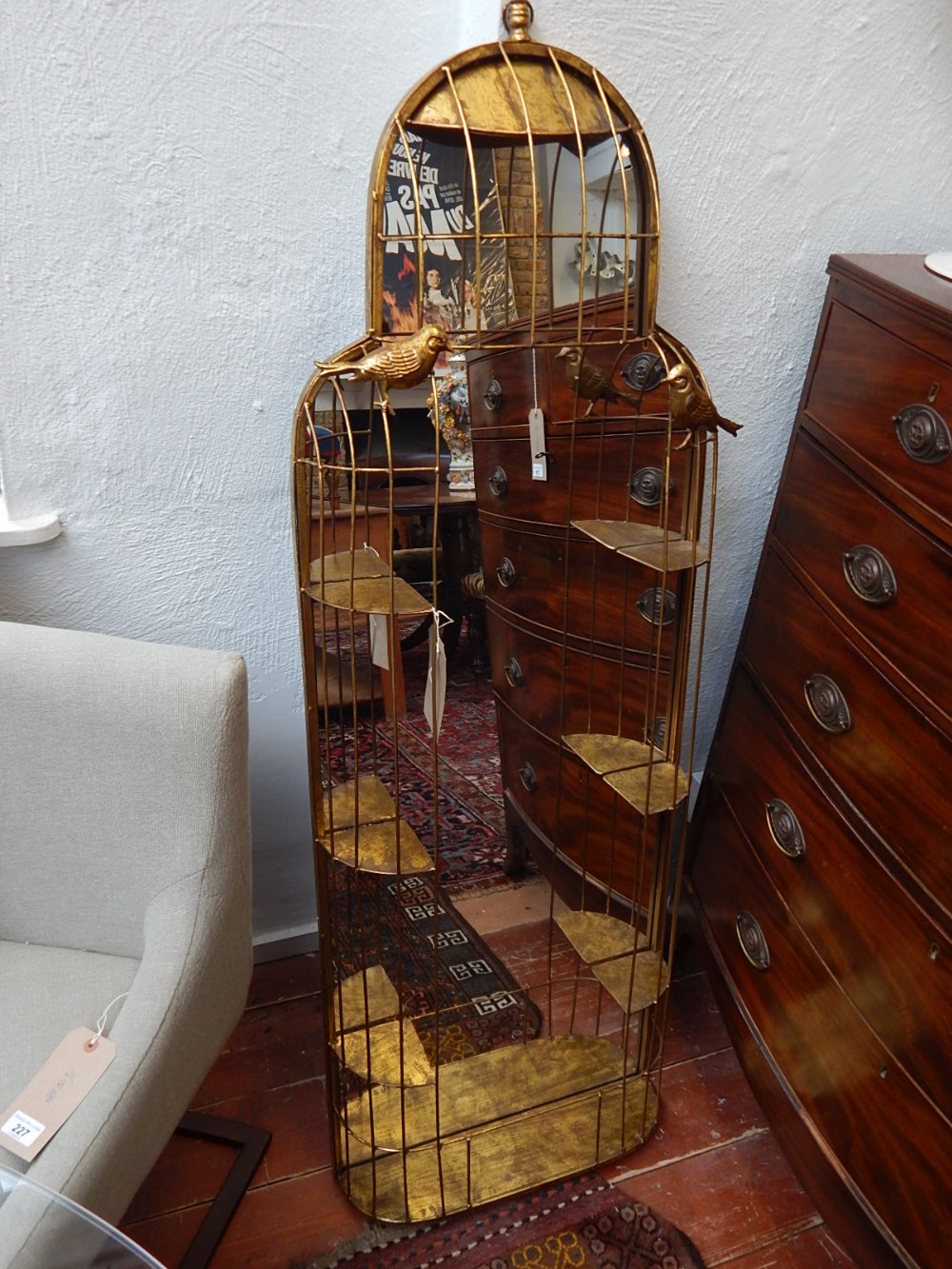 A Victorian style gilt metal arched wall mirror, modelled as a birdcage. H. - Image 2 of 4