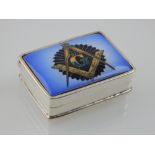 A white metal pill box, the enamel set cover decorated with a Masonic emblem, stamped 925. W. 3.