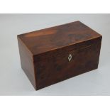 An early 20th century yew tea caddy with bone escutcheon and twin interior,