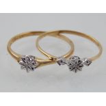 A 9ct yellow gold single stone diamond ring, together with a similar three stone flower head ring.