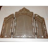 A Venetian style engraved triple dressing table mirror together with a rectangular oak wall mirror