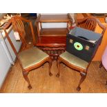 A pair of 1920's mahogany dining chairs, an oak tea trolley, modern desk,