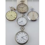 A nickel plated Longines open face pocket watch, keyless wind, the white dial with Arabic numerals,