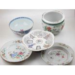 Five early 19th century Chinese famille rose porcelain plates and dishes, together with a bowl,