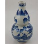 A Chinese blue and white double gourd vase, decorated with a village in a mountainous landscape,