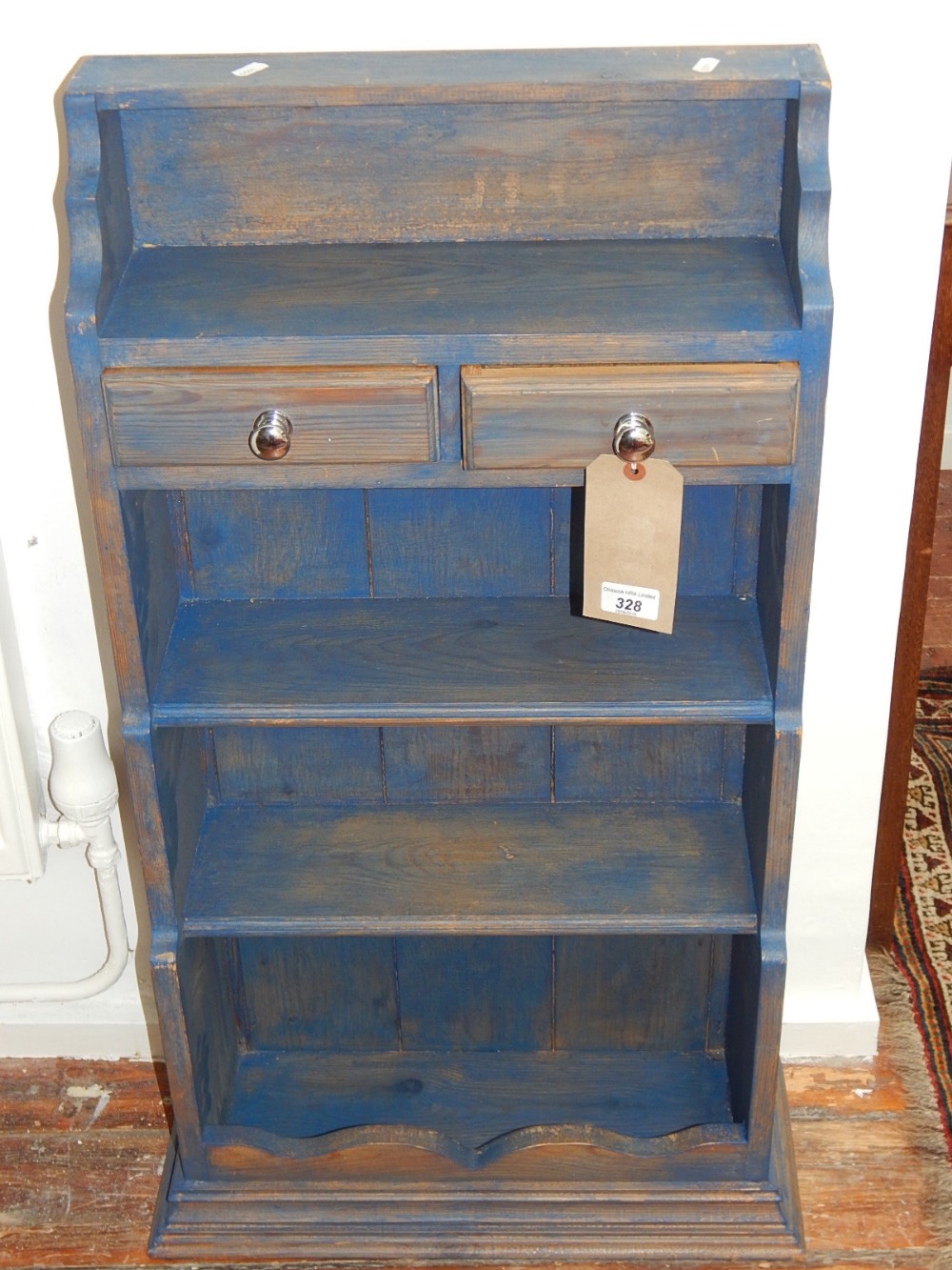 A Victorian style blue painted pine hanging wall bracket with four graduated tiers and two drawers. - Image 2 of 2