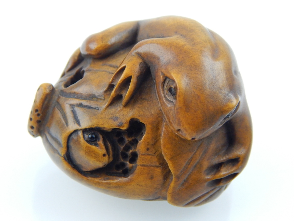 A Japanese carved boxwood netsuke modelled as two toads eating a fruit, bears character mark. L.