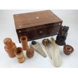 A Victorian rosewood work box containing assorted Victorian treen and collectables including a