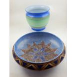 A Chameleon ware circular pottery bowl with geometric design on a mottled blue body,