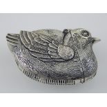 A silver plated vesta case, modelled as a dove. L.