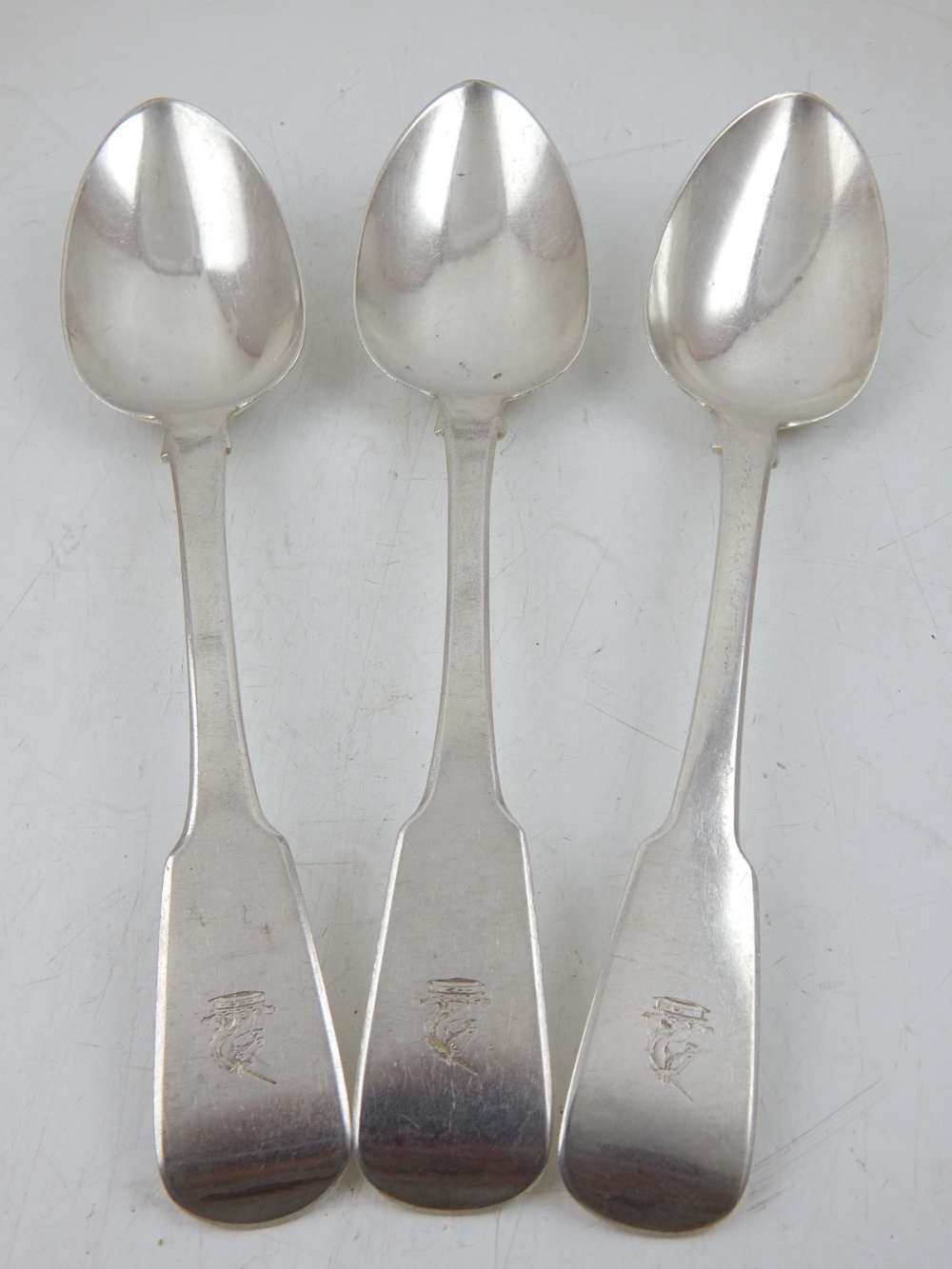 Three Georgian Irish rat tail and fiddle pattern serving spoons, Dublin 1823 by Thomas Farnett for