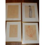 Jean Jegou, Standing Figure, watercolour, signed lower right, 30 x 23cm together with three red