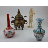 A Chinese polished bronze censor, a Japanese carved ivory okimono, an enamel vase and Kutani vase.