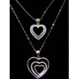 A 9ct gold heart shaped pendant set with diamonds, suspended from a fine chain, together with a