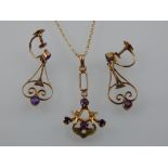 A 9ct gold, amethyst and seed pearl pendant, on fine link chain, together with a pair of similar Art