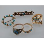 An 18 carat yellow gold, turquoise and topaz set gypsy ring, stamped 18ct to shank, together with