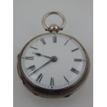 A Victorian silver open face key wind pocket watch, fusee movement, the enamel dial with Roman