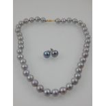 A grey pearl necklace, the clasp stamped 14k, together with a pair of matching pearl ear studs