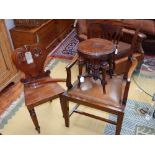 Two Victorian mahogany hall chairs, together with a piano stool base, and a mahogany chair.