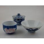 A Chinese blue and white porcelain bowl and cover together with a landscape decorated teabowl and