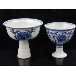 A Chinese blue and white stem cup, decorated with stylised flowers and Chinese characters, D. 9.