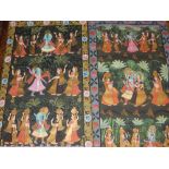 Three 20th century Indian images of dancing figures painted on cotton, 107 x 52cm,