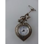 A silver ladies fob watch, the white enamel dial with blue Arabic numerals, spade hands,