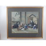 Early 20thy century Japanese, Musician Playing to Women and Children, watercolour on textile.