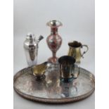 A collection of platedware, including an oval gallery tray , together with two mugs, sauce boat,