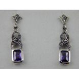 A pair of Victorian style silver, amethyst and marcasite drop earrings.
