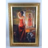 20th century school, Thinking of You, a lady looking into a mirror, oil on canvas, unsigned.