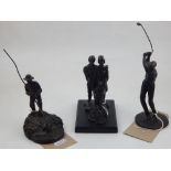 A bronze figure of a golfer, together with a bronze figural group of a family,